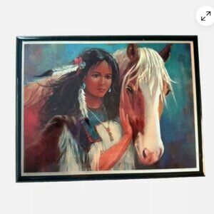 Vintage 1993 Iridescent Print Indian Woman & Horse Luminous 9x7" Made in USA